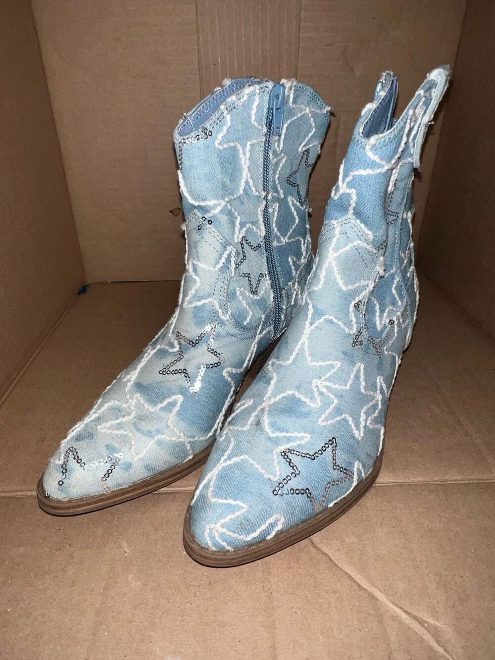 No Boundaries Light Blue Denim Star Sequin Ankle Western Boots